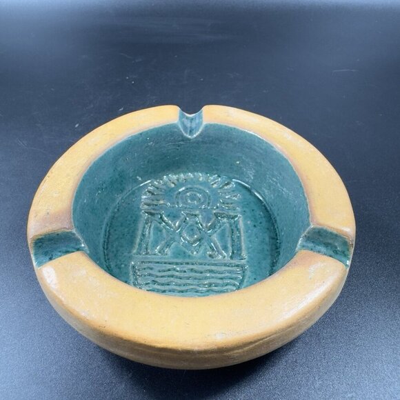 Vintage Mexican Pottery Ashtray Dish Green Teal Aztec Clay Hand Made Decor Dish - Picture 11 of 13